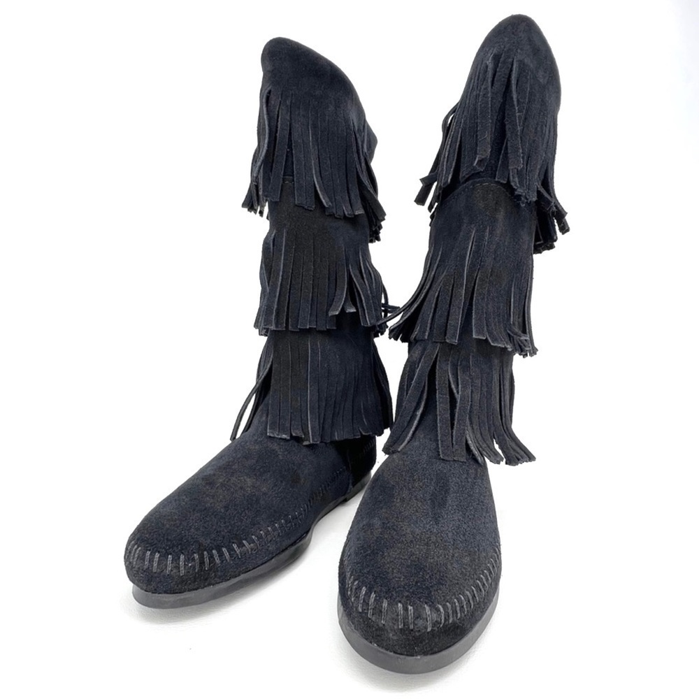 Minnetonka Boots 3-Layer Fringe Moccasins Women’s Size 6 Black Suede New - Picture 3 of 11